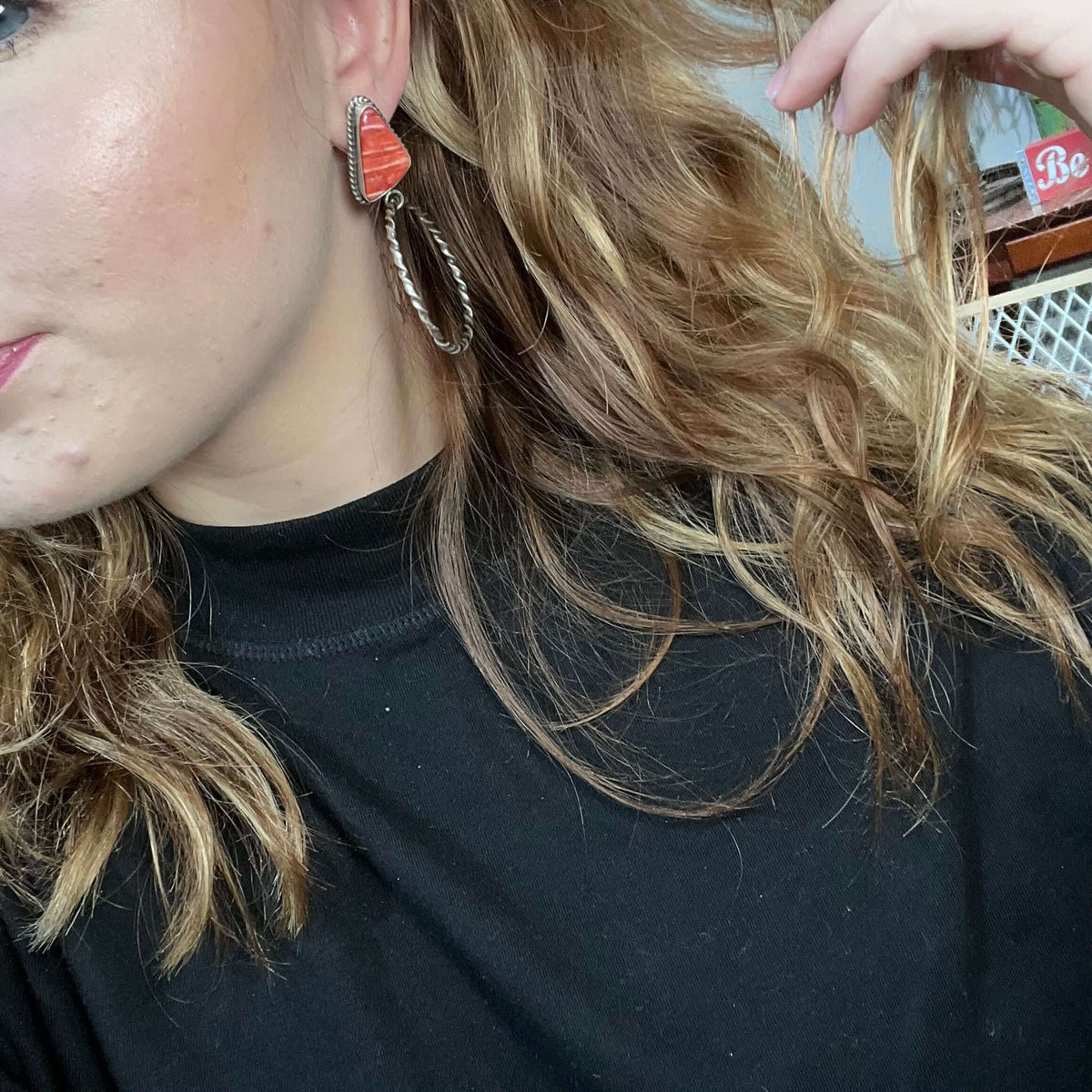 Red Spiny Triangle Movable Hoop Sterling Silver Earring