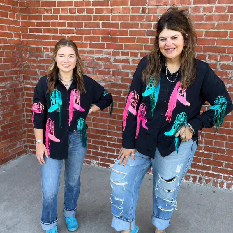 Rock & Roll Black Sequined Boot Overshirt Button Down Top