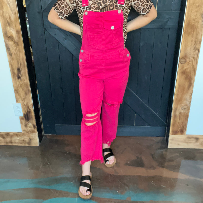 Hot Pink Risen Overalls Crop Jeans / Small