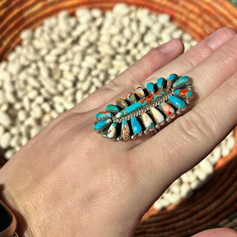 Orange and Turquoise Oval Cluster Genuine Ring