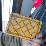 Natural Tooled Leather Card Holder with Zipper