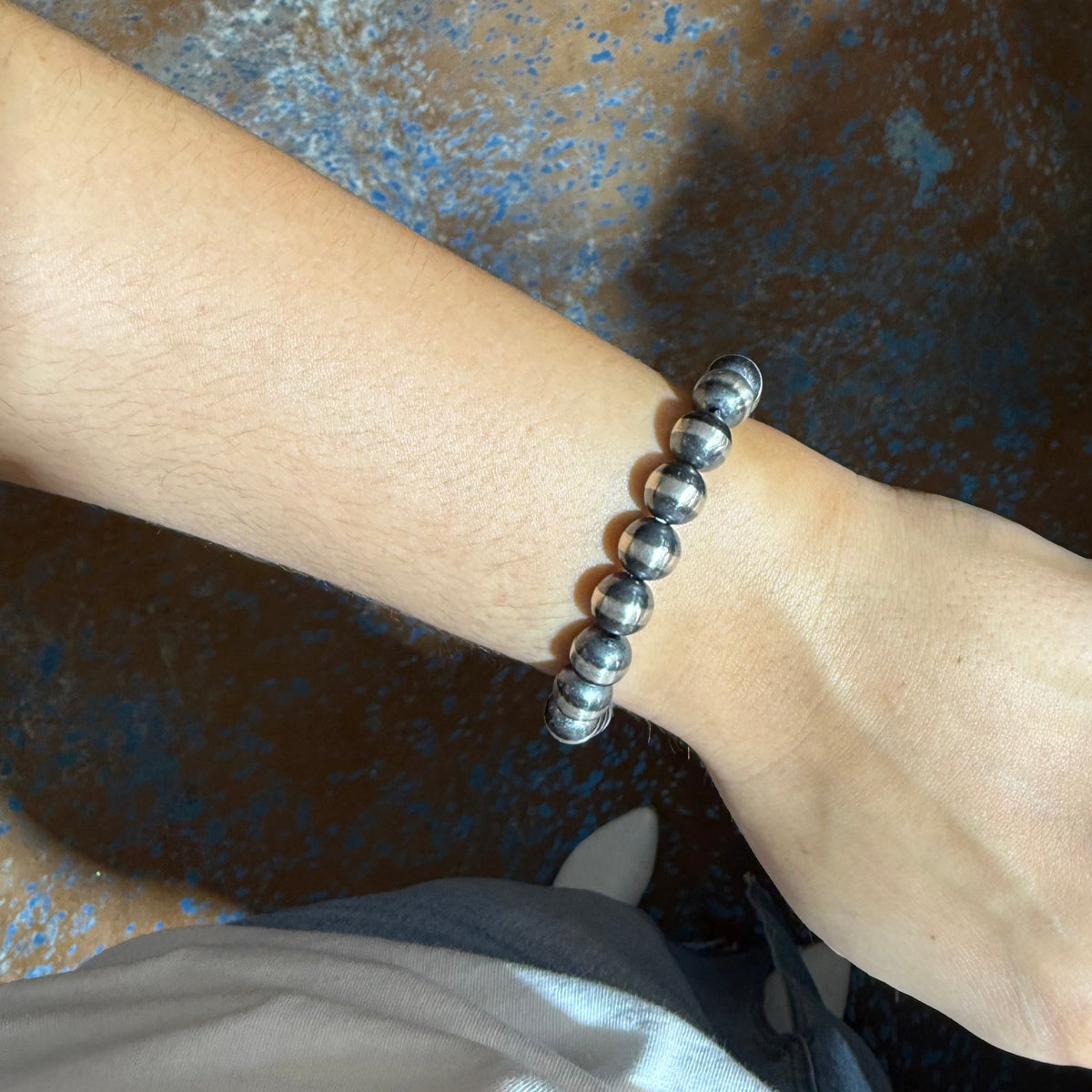 10mm Navajo Pearl Stretchy Sterling Silver Bracelet