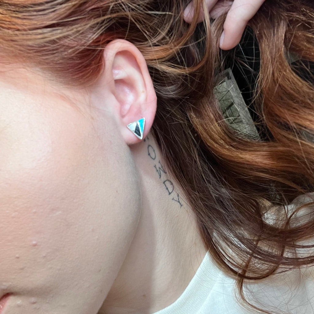 Turquoise Opal & Black Zuni Inlay Triangle Shape Stud Genuine Earring