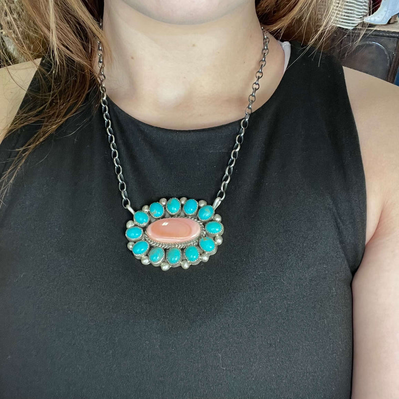 Gorgeous Statement Turquoise & Pink Conch Cluster Genuine Necklace