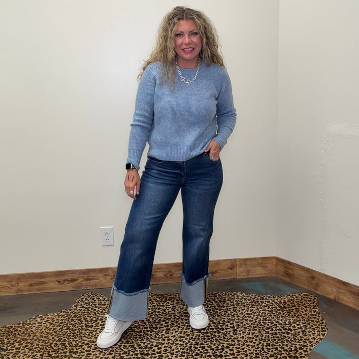 Light Blue Soft Waffle Crew Neck Long Sleeve Sweater