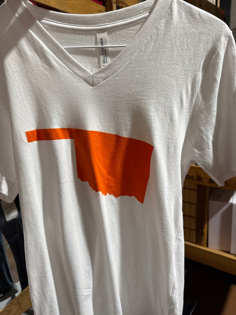 Orange V Neck and White STATE of Oklahoma T-shirt