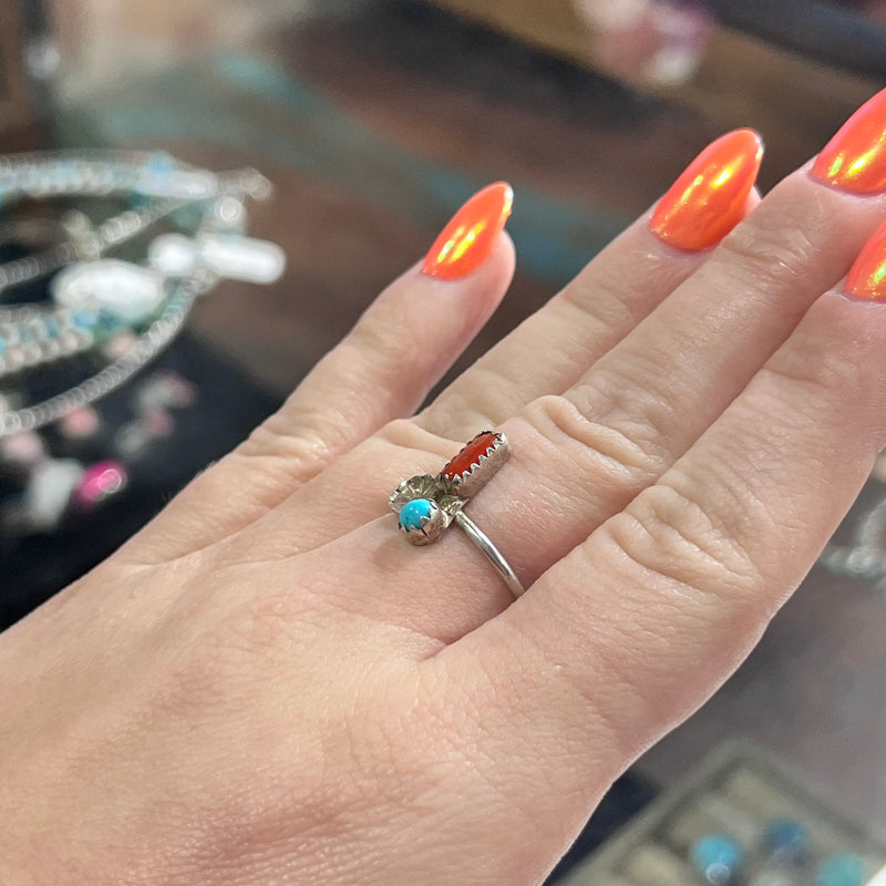Dainty Turquoise & Red Coral with Sterling Silver flower Genuine Ring.