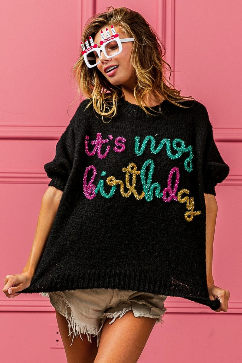 Metallic Letter Puff Sleeve Hairy Sweater