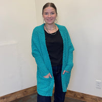Turquoise Bubble Open Front w/ Pockets Long Sleeve Cardigan