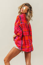 Button Up Dolman Sleeve Plaid Shirt