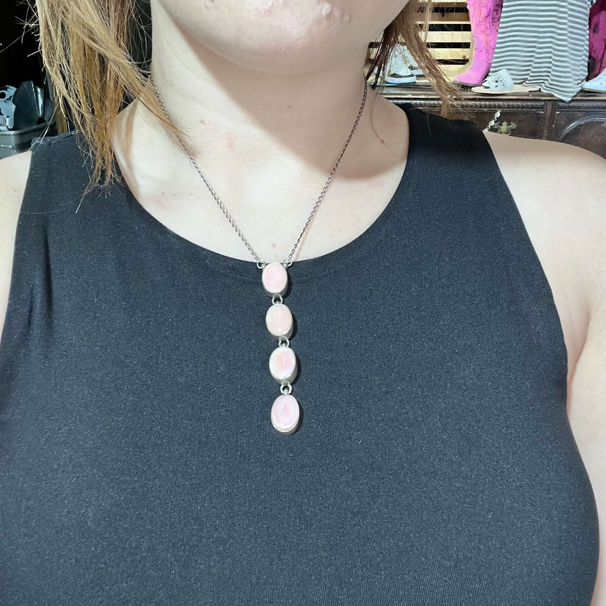 Pink Conch 4 Stone Drop Sterling Silver Necklace