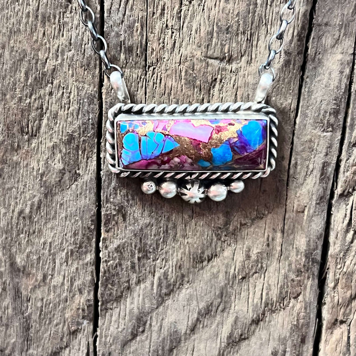 Pink Dahlia with Fancy Detail Bar Sterling Silver Necklace