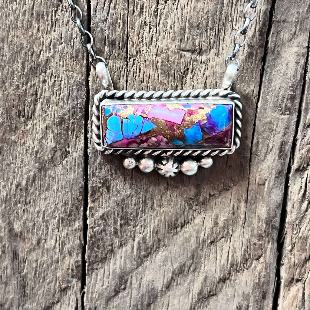 Pink Dahlia with Fancy Detail Bar Sterling Silver Necklace