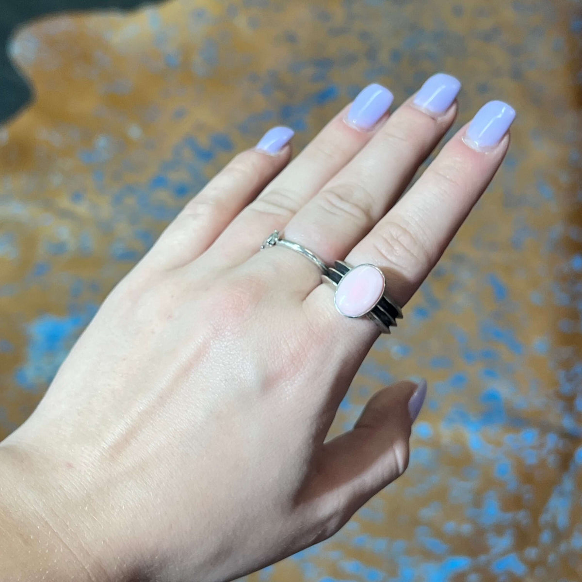 Oval Pink Conch with Patina Band Sterling Silver Ring