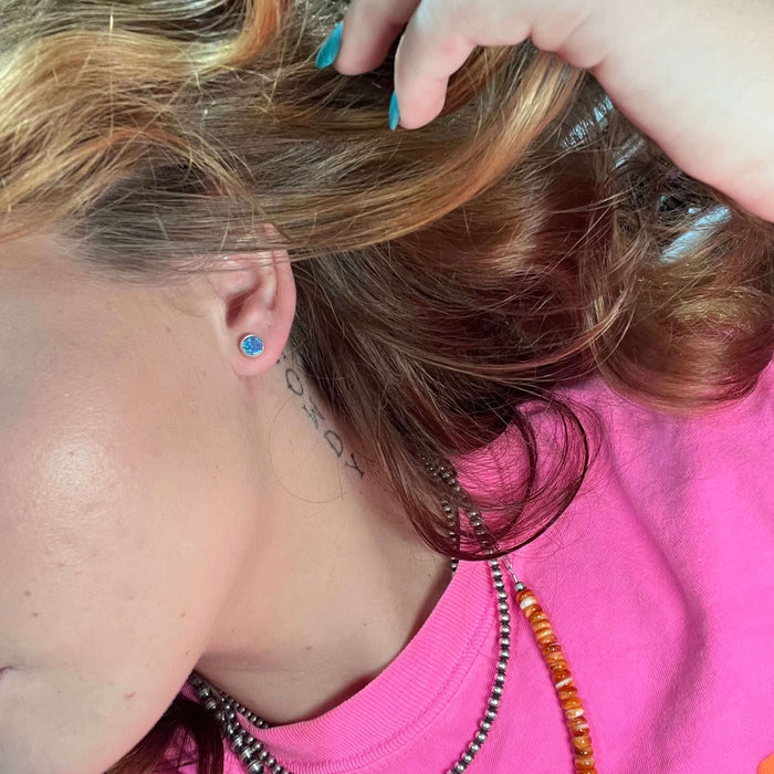 Bright Blue Iridescent Opal Circle Stud Sterling Silver Earring