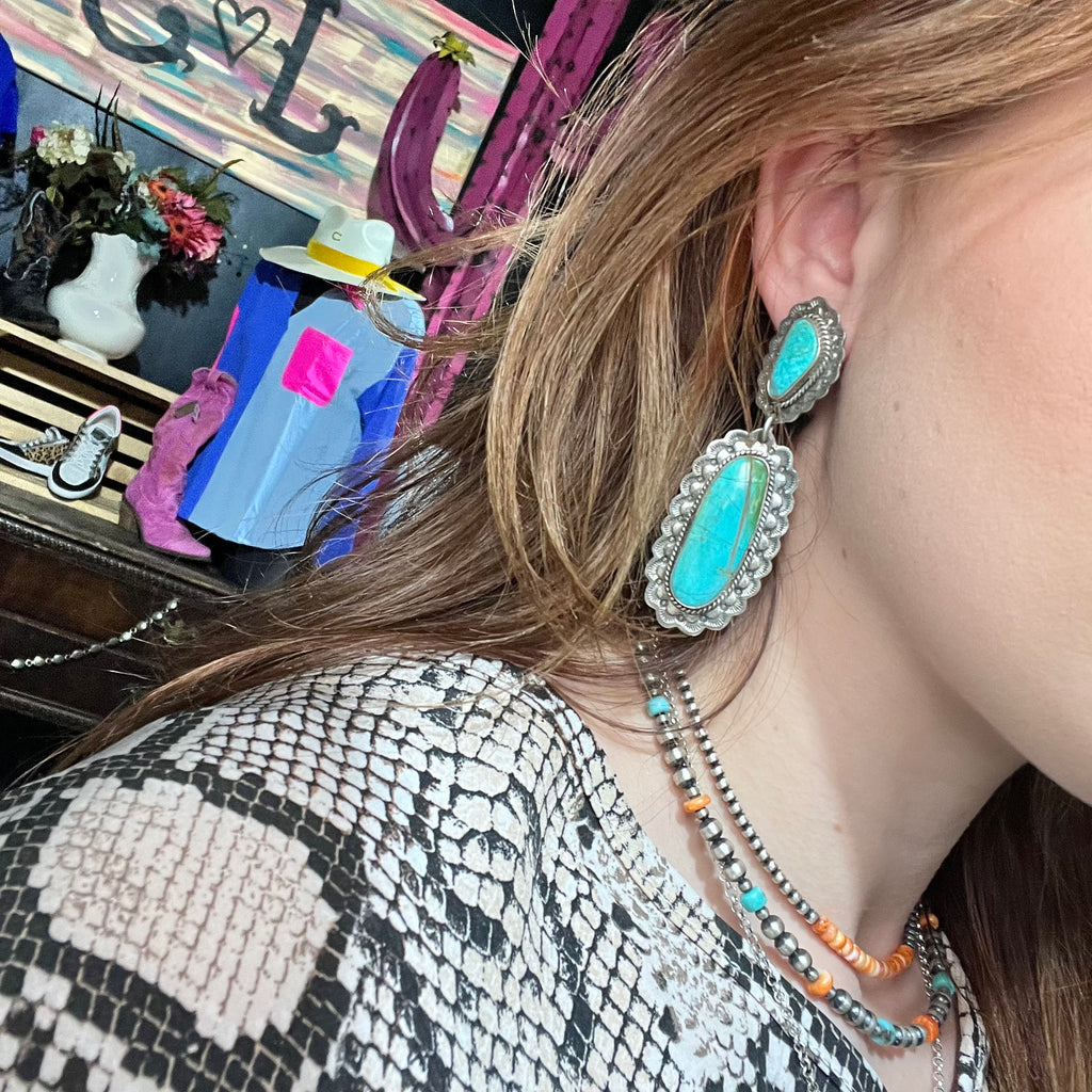 Gorgeous Turquoise Drop Post Genuine Earring W/ Sterling Detail