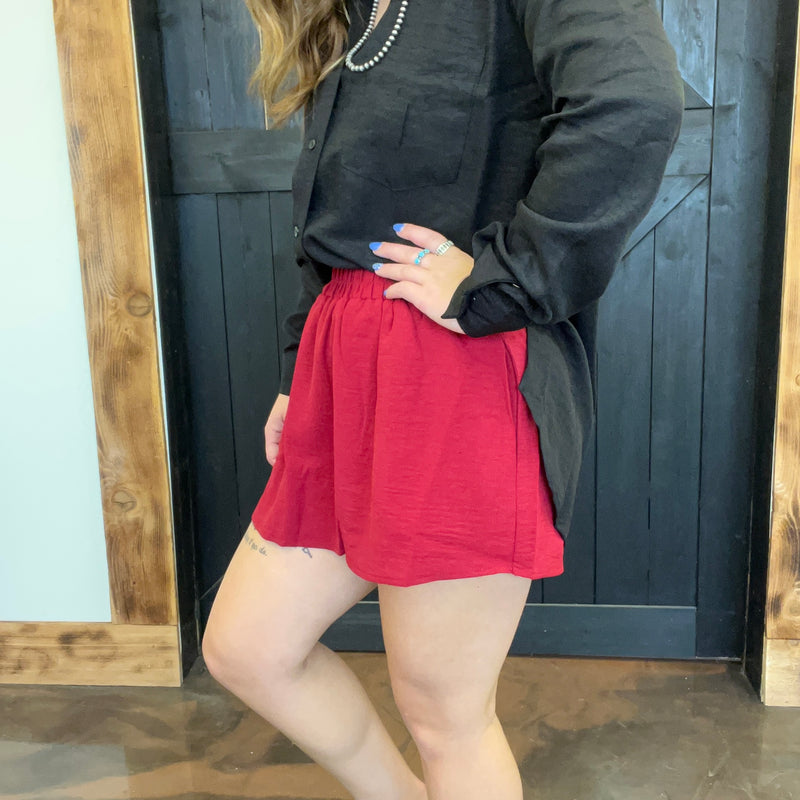 Maroon Smocked High Waisted Skort with Pockets