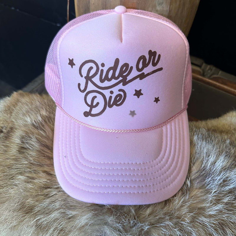 Tan Ride or Die on a Pink Trucker Cap