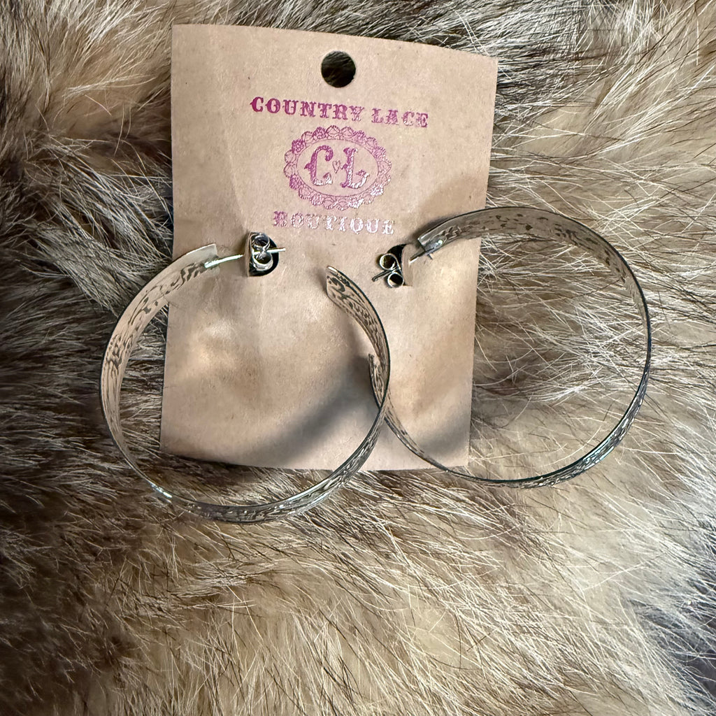 Stunning Sterling Silver Detailed Hoop Post Genuine Earring