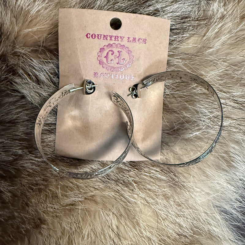 Stunning Sterling Silver Detailed Hoop Post Genuine Earring