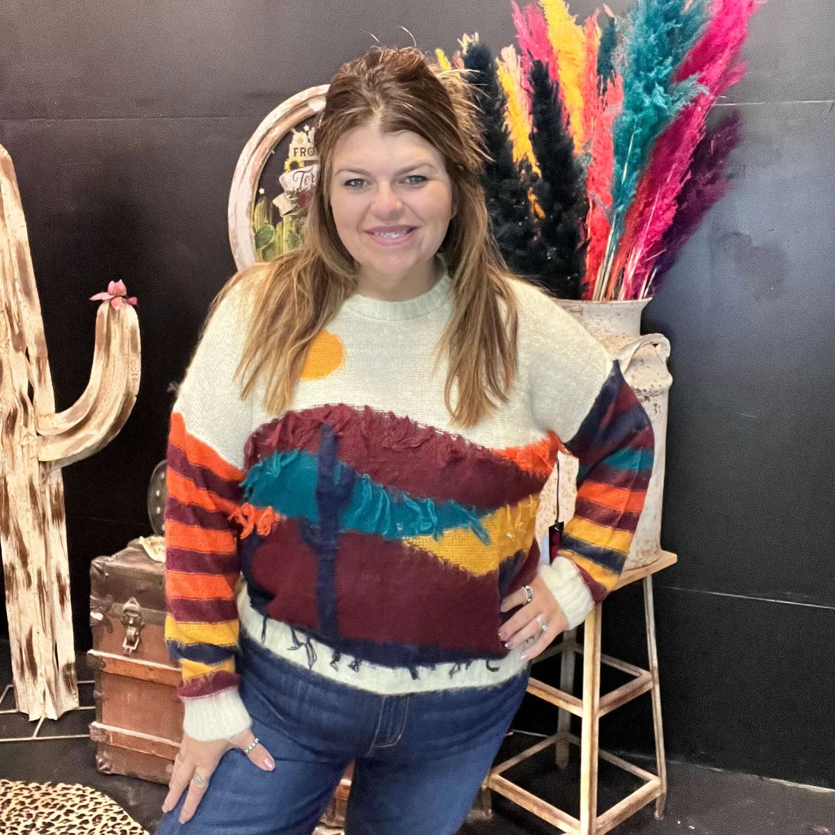 Desert Scenery Fringe Long Sleeve Sweater | 2XL
