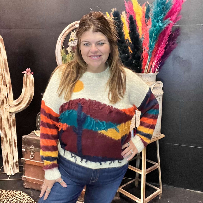 Desert Scenery Fringe Long Sleeve Sweater | 2XL