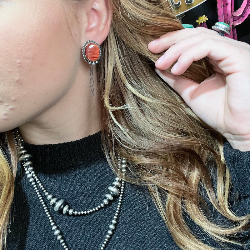 Unique Orange Spiny with Detail Post Sterling Silver Earring