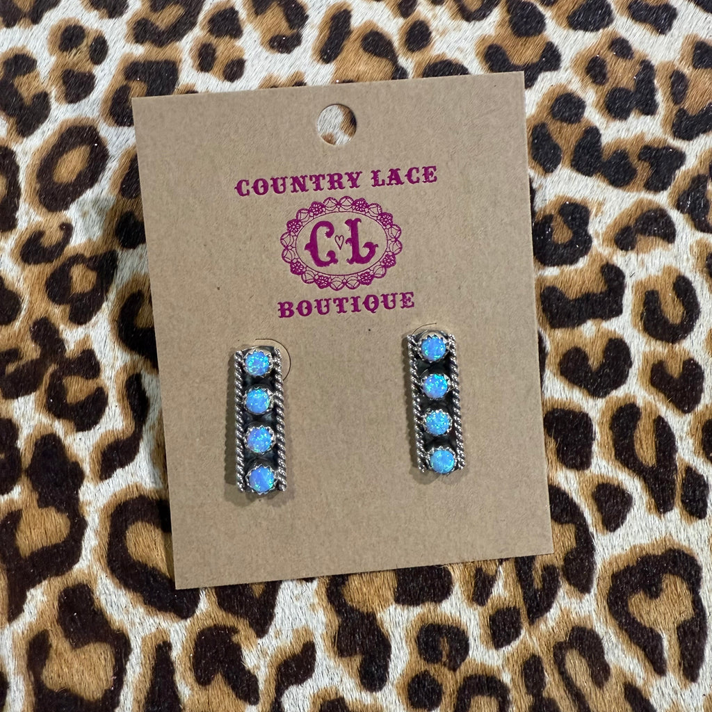 4 Stone Light Blue Opal Post Stud Genuine Earring