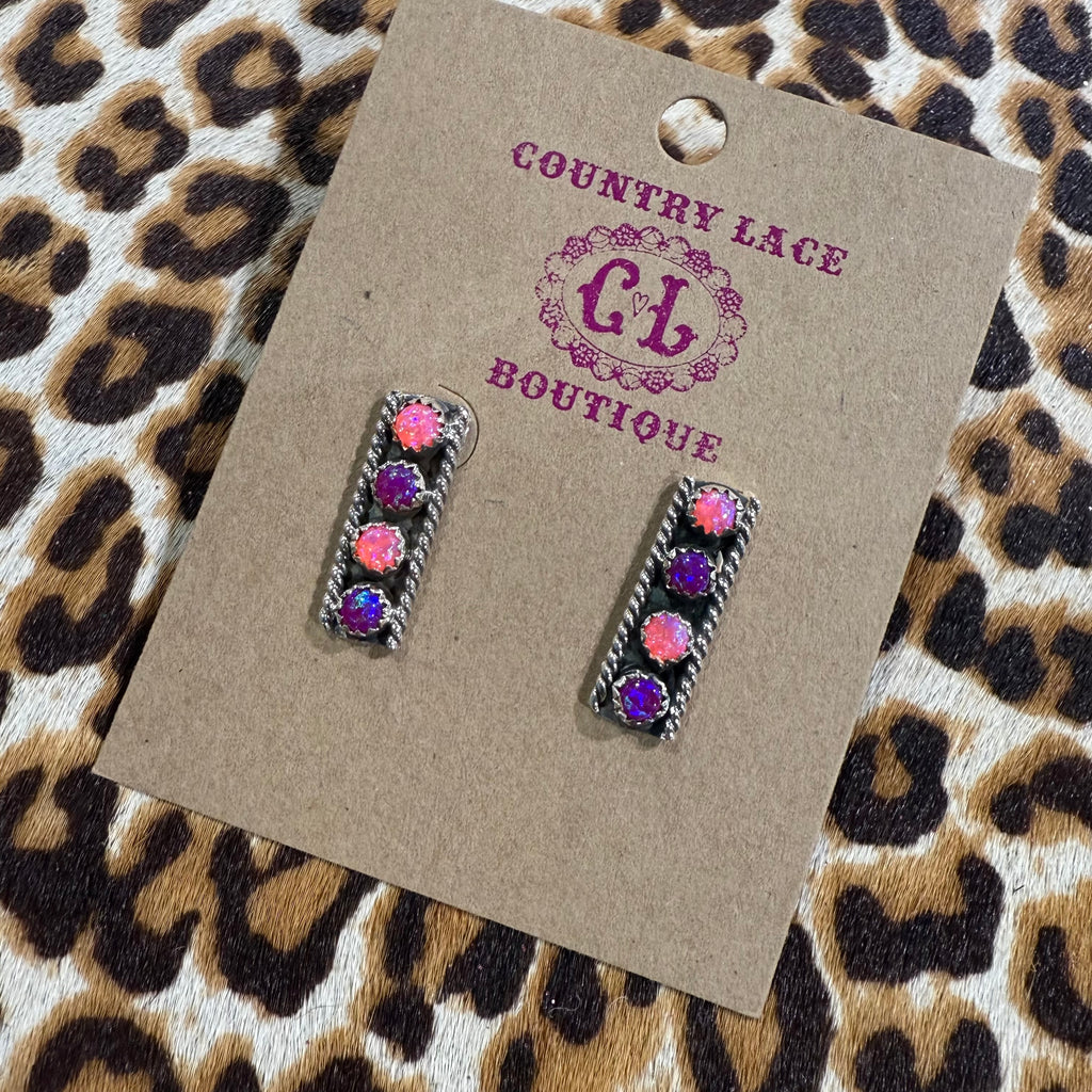 4 Stone Pink & Purple Opal Post Stud Genuine Earring