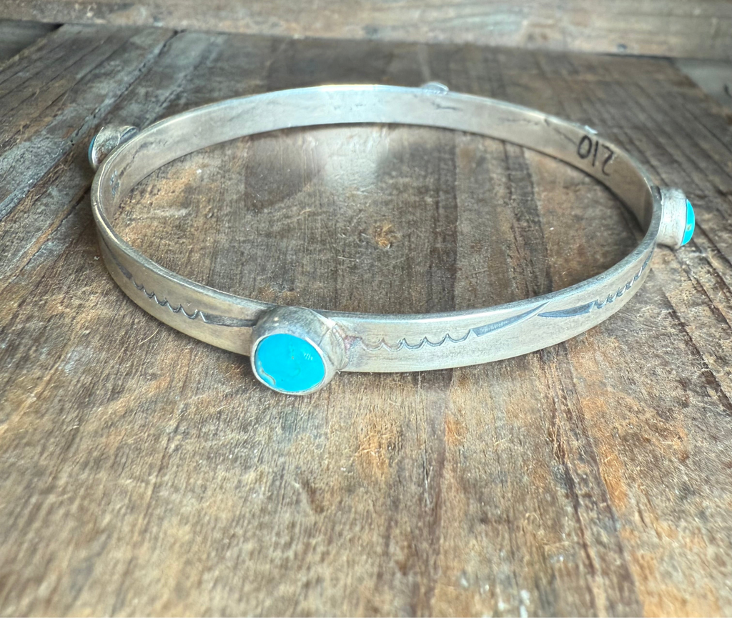 4 Turquoise Stone with Stamped Sterling Silver Bangle Genuine Bracelet