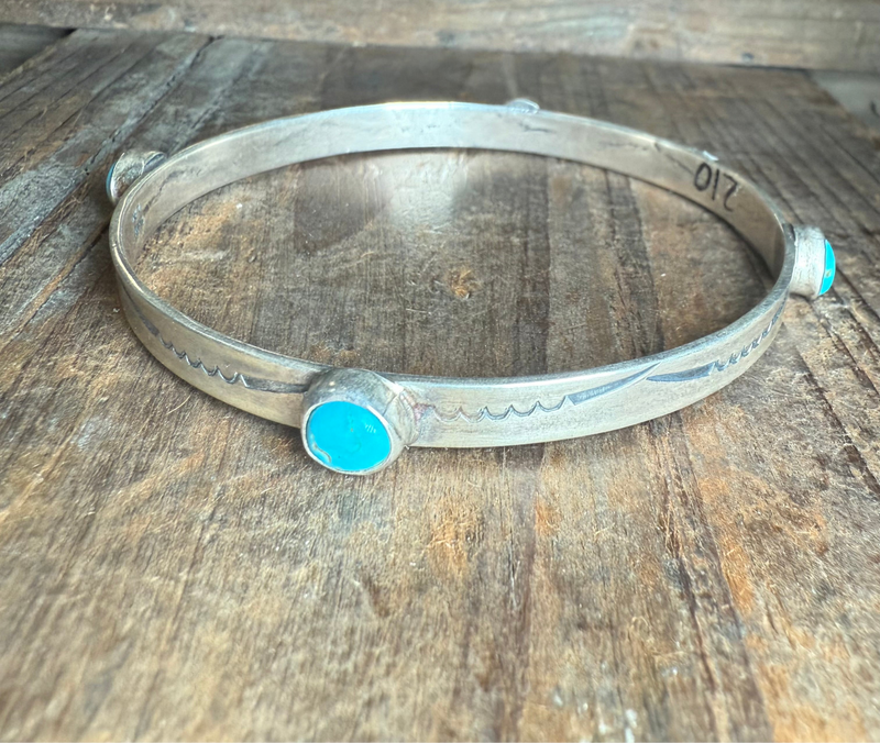 4 Turquoise Stone with Stamped Sterling Silver Bangle Genuine Bracelet