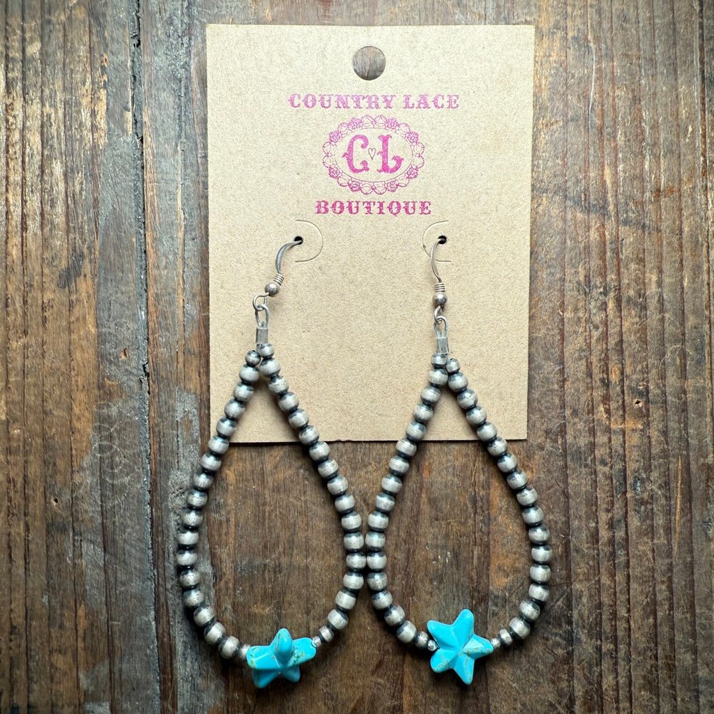 4mm Navajo Pearl Tear Drop with Turquoise Star French Hook Genuine Earring