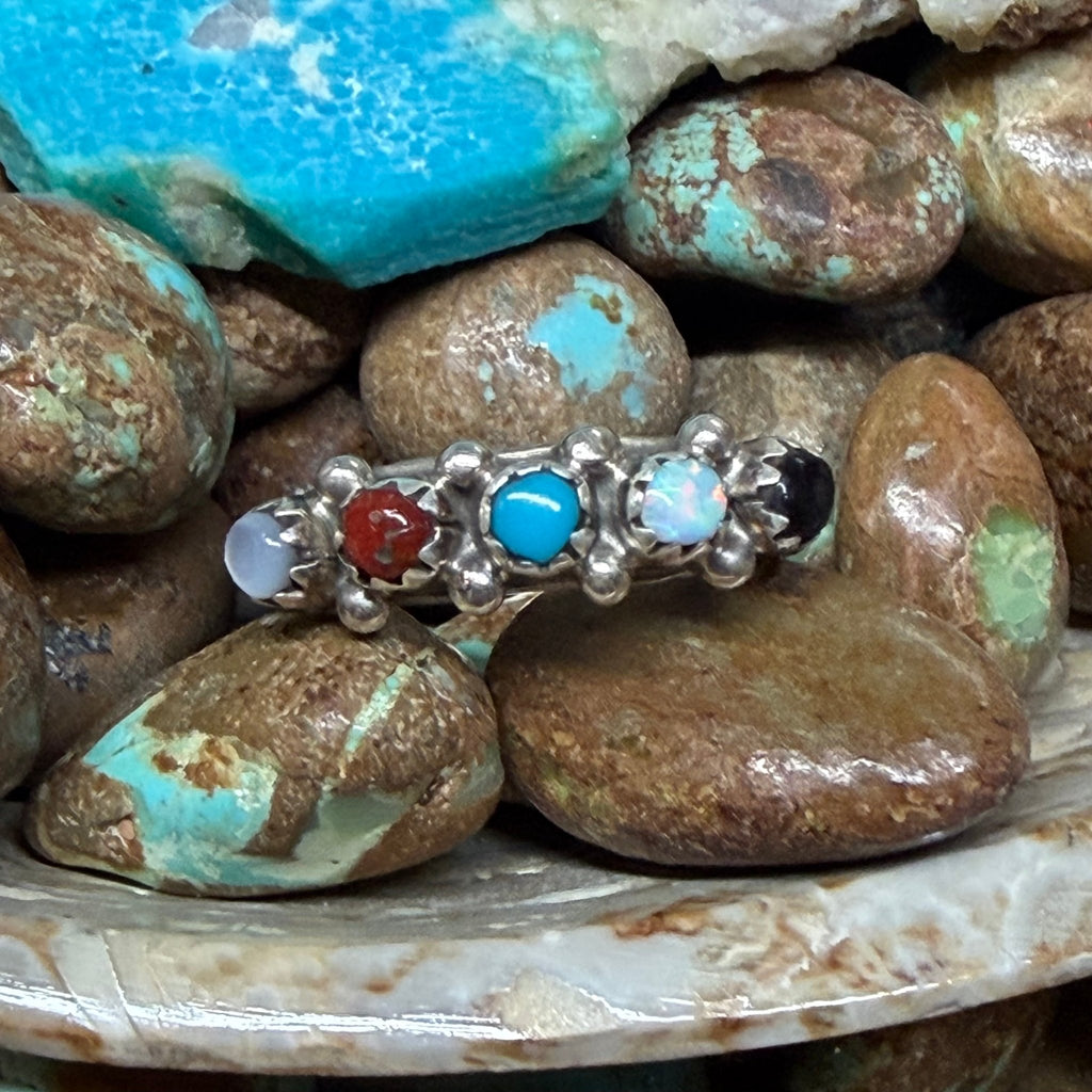 5 Multi Stone with detailed Silver Band Sterling Silver Ring - Country Lace Boutique