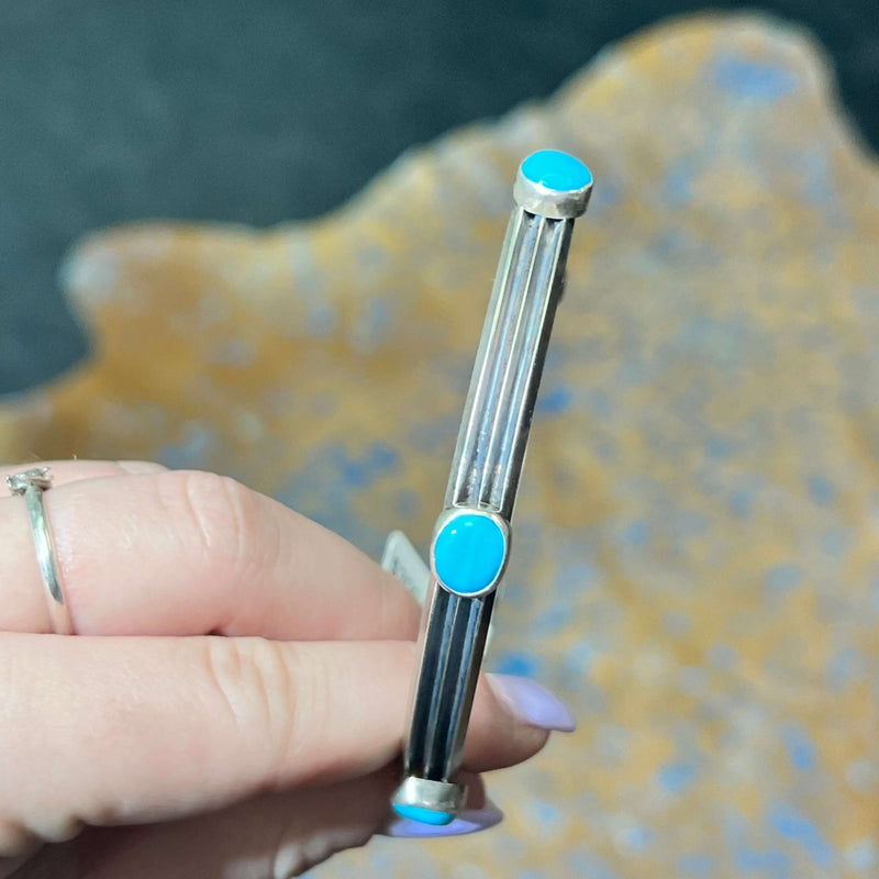 5 Turquoise Stone with Lined Sterling Silver Detail Bangle Bracelet - Country Lace Boutique