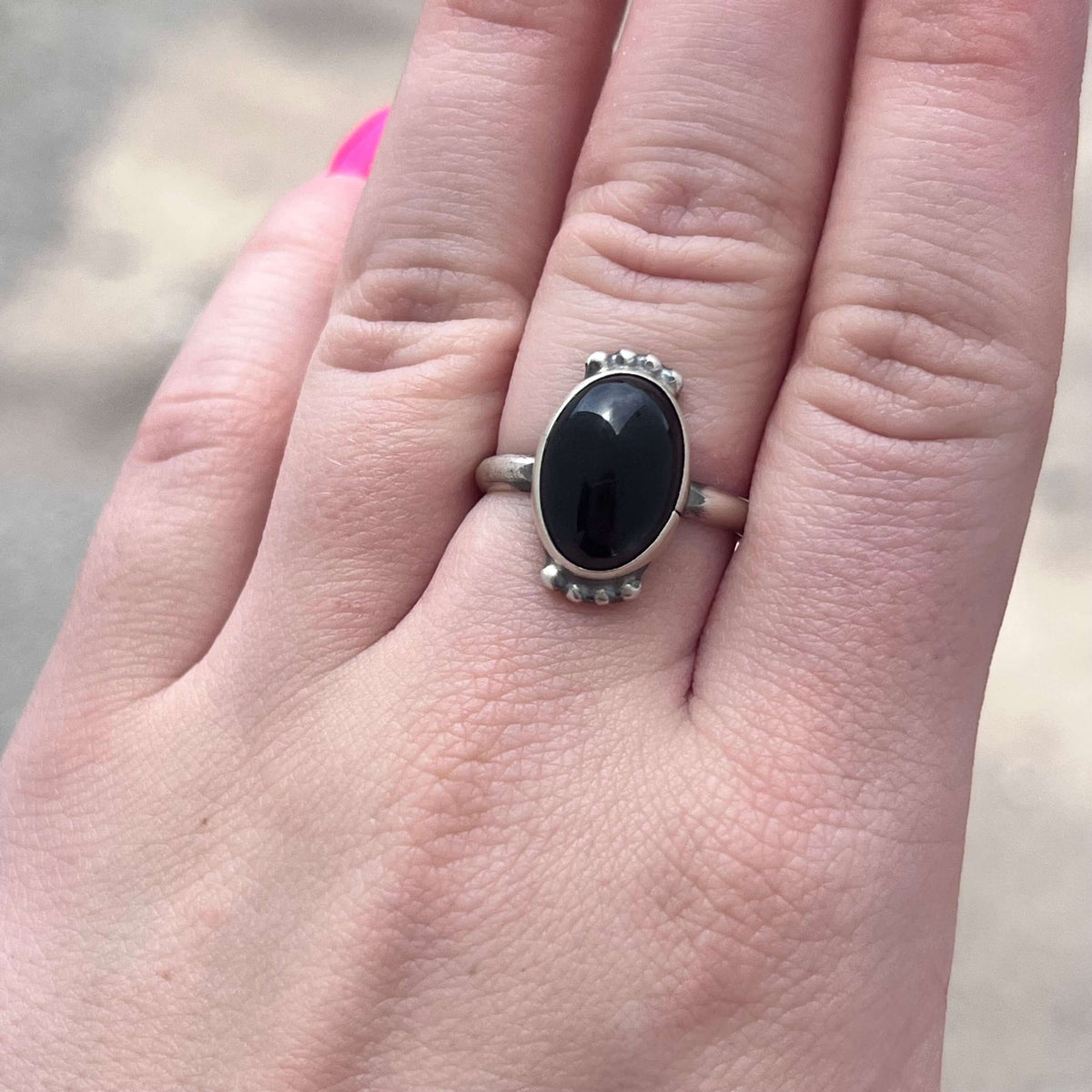 Oval Black Onyx with Ball Detail Sterling Silver Ring