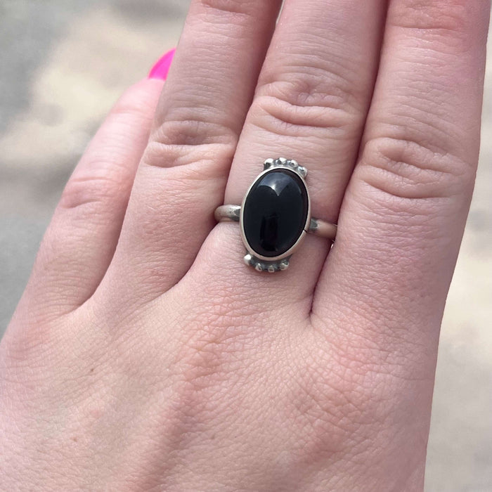 Oval Black Onyx with Ball Detail Sterling Silver Ring