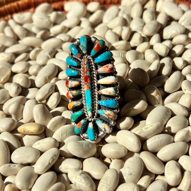 Orange and Turquoise Oval Cluster Genuine Ring