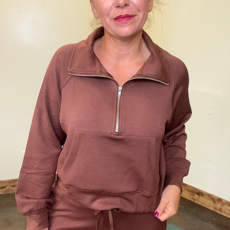 Chestnut Brown Super Soft Half Zip Crop Sweat Shirt