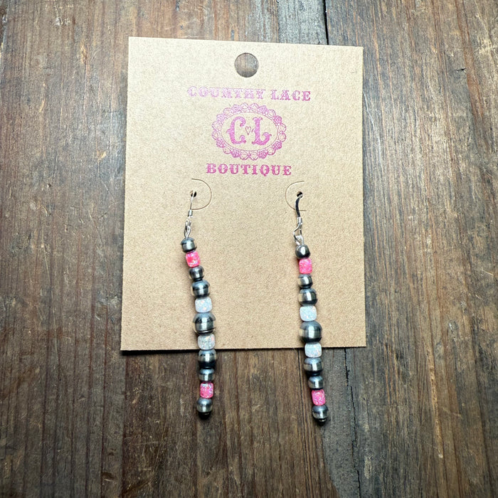 Straight Patterned Navajo Pearl with Hot Pink & White Opal French Hook Sterling Silver Earring