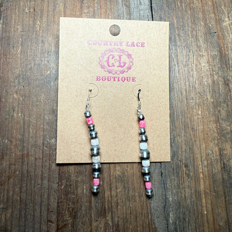 Straight Patterned Navajo Pearl with Hot Pink & White Opal French Hook Sterling Silver Earring