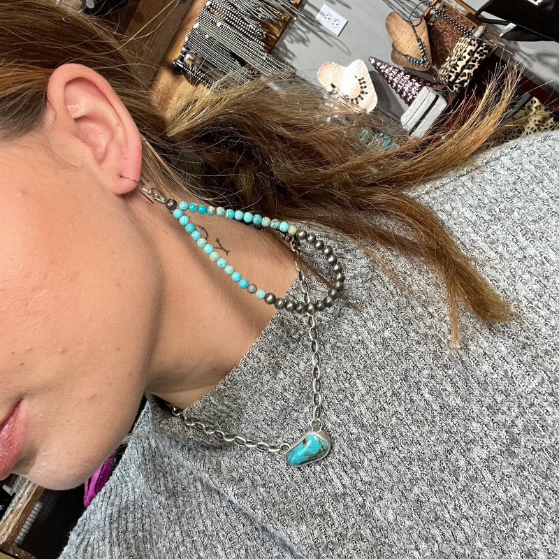 Turquoise & Navajo Pearl Teardrop Genuine Hoop Earrings