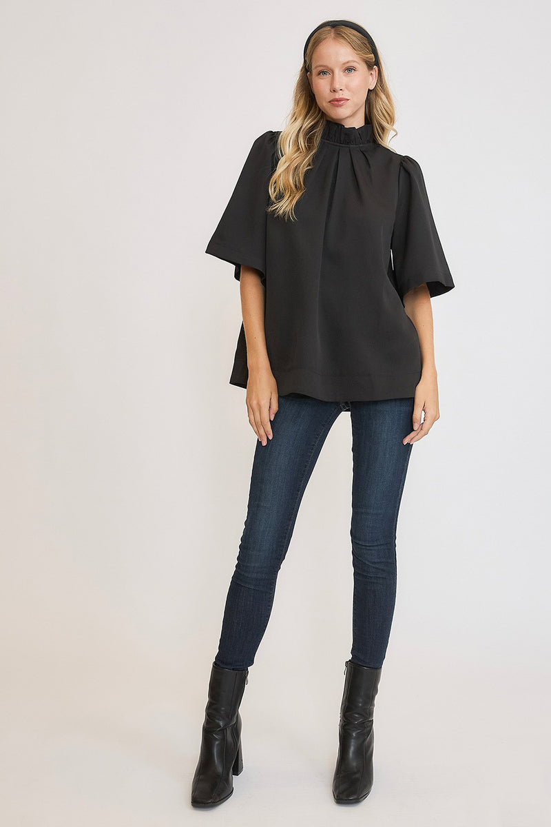 Bow Tie Back Mock Neck Half Sleeve Blouse