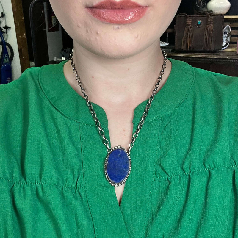 Blue Lapis Oval With Ball Detail Genuine Necklace