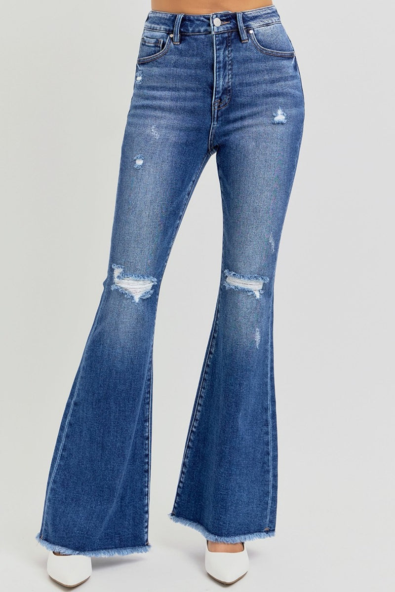 RISEN  High Rise Distressed Raw Hem Flare Jeans