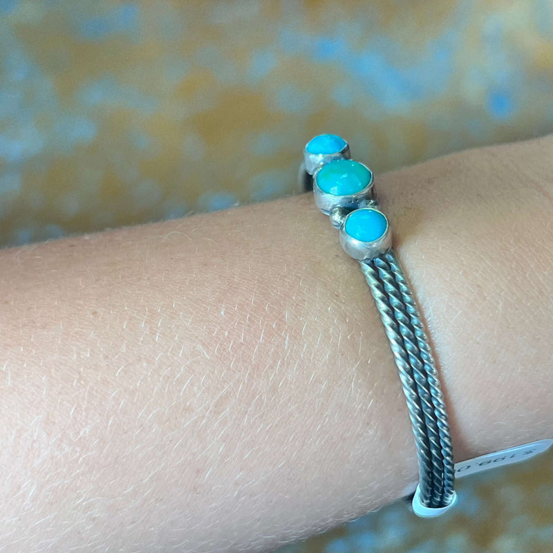 3 Stone Turquoise with Detail Cuff Genuine Bracelet