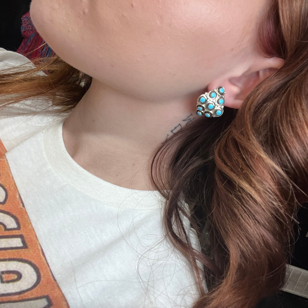 Unique Turquoise & Patina Curved Post Stud Genuine Earring