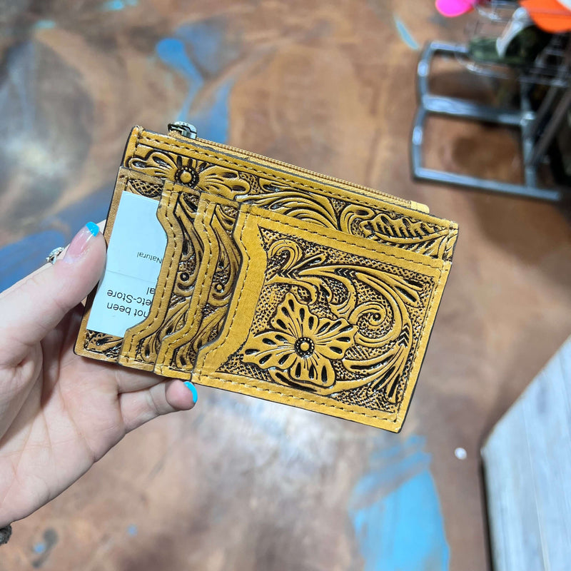 Natural Tooled Leather Card Holder with Zipper