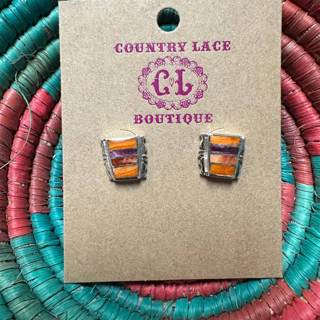 Orange Purple & Coral Spiny Inlay Post Stud Genuine Earring