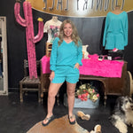 Turquoise Comfy Set Long Sleeve Top w/ Pockets Shorts