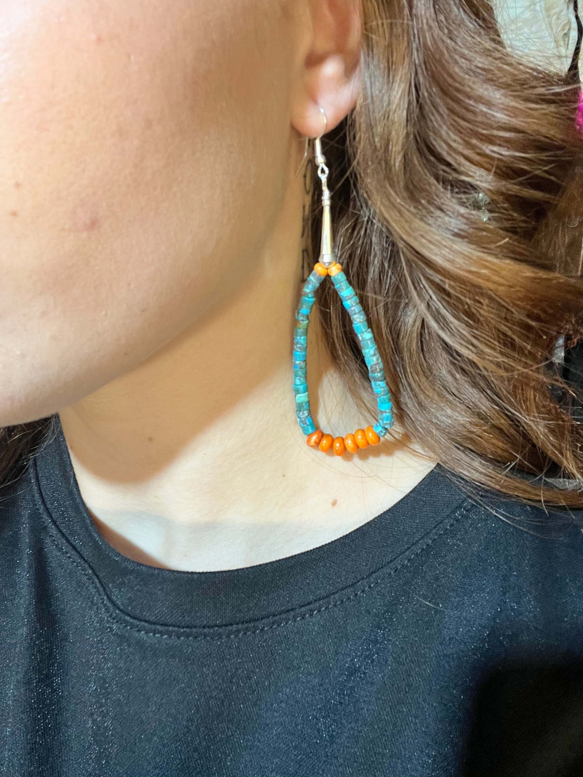 Green Turquoise Heishi and Orange Spiny Sterling Silver Earrings